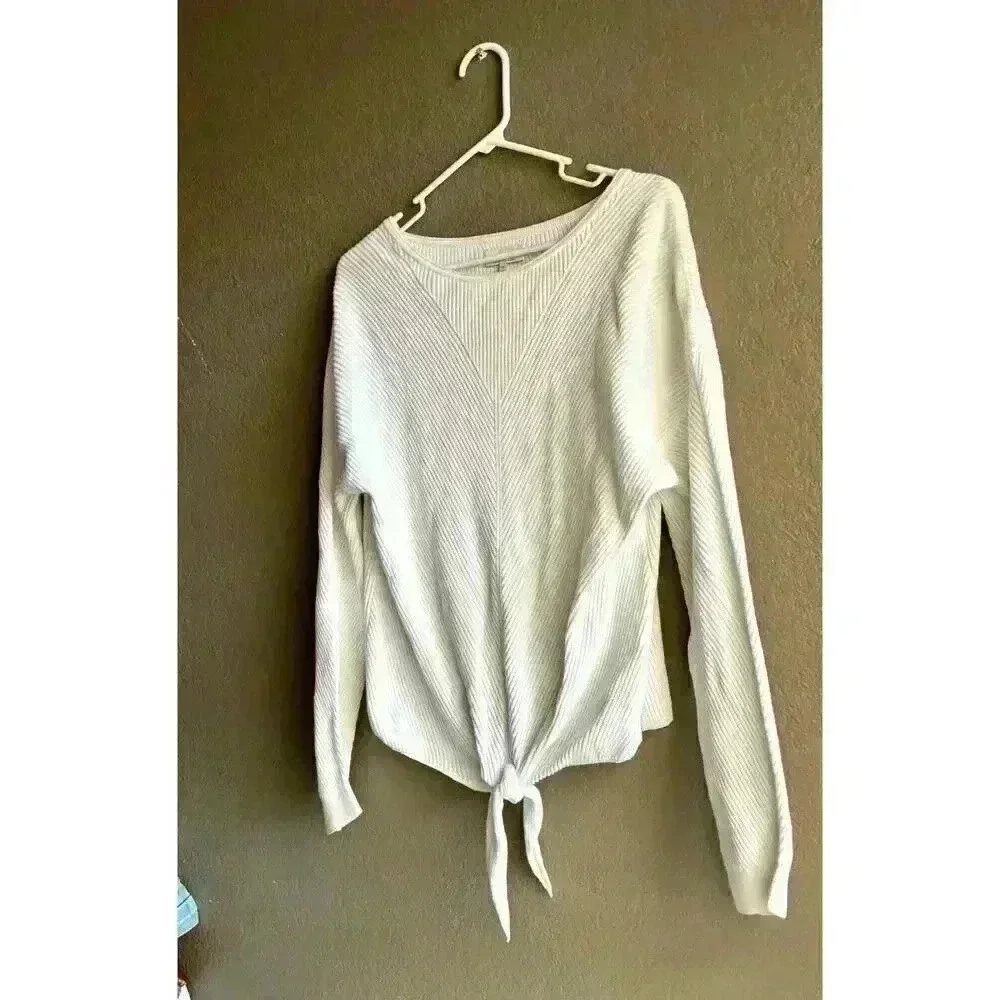Lucky Brand Women’s Med White Ribbed Knit Knot Front‎ Long Sleeves Sweater